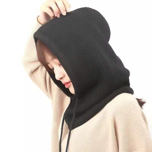 女士冬季毛线帽羊绒女式针织连帽围巾巴拉克拉法帽 女士防风保暖羊毛帽