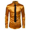 2pcs Silver Silk Shirt+Tie Mens Satin Smooth Tuxedo Shirts Casual Button Down Men Dress Shirts Wedding Party Prom Chemise Homme