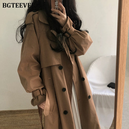 时尚女士风衣休闲女长款外套宽松大衣秋冬时尚双排扣防风衣女