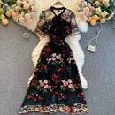 Women Dress 2022 Summer French Vintage Ladies Temperament Bow Collar Flowers Embroidery Elegant Dress Party Vestido