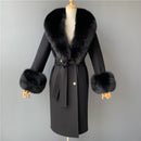 2020 Wool Coat Women Pied De Poule Natural Fox Fur Collar Cashmere Wool Blends Long Outerwear Ladies Streetwear