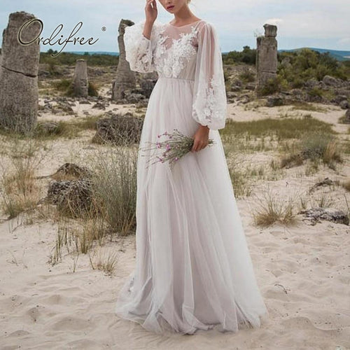 Ordifree 2021 Summer Women Long Tulle Dress Long Sleeve Embroidery Wedding Vocation Sexy White Lace Maxi Tunic Beach Dress