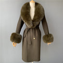 2020 Wool Coat Women Pied De Poule Natural Fox Fur Collar Cashmere Wool Blends Long Outerwear Ladies Streetwear