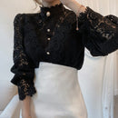 Blusas Mujer De Moda 2022 Spring Hollow Out Lace Shirt Women Office Lady Flower Blouse Stand Collar Button Female Clothing 12419