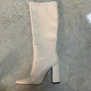 2022 Winter Faux Leather Women Knee High Boots Pointed Toe Long Chunky Block Heels Shoes Size 41 42 43
