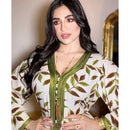 Siskakia Middle East Women Long Dress Ribbon V Neck Full Sleeve Leaves Print Maxi Dresses Turkey Arabic Dubai Muslim Clothing