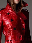 Lautaro Autumn Long Red Crocodile Print Leather Trench Coat for Women Belt Double Breasted Elegant British Style Fashion 2021