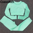 Yoga Set Women Fitness Gym Clothing Sport Suit Seamless Hollow Out Long Sleeve Crop Top High Waist Workout Leggings Sportwear