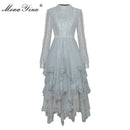 MoaaYina Fashion Designer dress Spring Women's Dress Long sleeve Patchwork Mesh Sequins Cascading Ruffle Asymmetrical Dresses