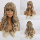 GEMMA Synthetic Long Wavy Dark Brown Golden Highlight Wig for Black Women African American Cosplay Wig with Bangs Heat Resistant