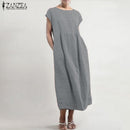 ZANZEA 2023 Summer Midi Dress Womens Sundress Vintage Short Sleeve Shirt Vestido Elegant Female O Neck Pleated Robe