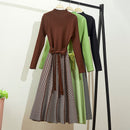 ALPHALMODA High Collar A-line Knit Dress Women's 2019 New Thickened Arrow Striped Women Elegant Sashes Knitted Dress
