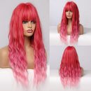 GEMMA Synthetic Long Wavy Dark Brown Golden Highlight Wig for Black Women African American Cosplay Wig with Bangs Heat Resistant