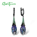 SANTUZZA Silver Jewelry Set for Women 925 Sterling Silver Purple Flower Earrings Pendant Set Trendy Fine Jewelry Handmade Enamel
