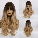 GEMMA Synthetic Long Wavy Dark Brown Golden Highlight Wig for Black Women African American Cosplay Wig with Bangs Heat Resistant