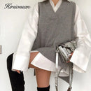 Hirsionsan V Neck Knitted Sweater Vest Women 2021 New Korean Cashmere Loose Vest Pullovers Female Solid Sleeveless Knitwear