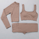 无缝瑜伽服运动套装健身服女长袖露脐上衣高腰打底裤罗纹运动套装