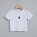 Fashion Cartoon Blue Butterfly Print Crop Top Harajuku O Neck Cropped T Shirt Cute Women T-shirt Gothic Women Tshirt Streetwear