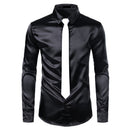 2pcs Silver Silk Shirt+Tie Mens Satin Smooth Tuxedo Shirts Casual Button Down Men Dress Shirts Wedding Party Prom Chemise Homme