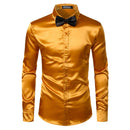 2pcs Silver Silk Shirt+Tie Mens Satin Smooth Tuxedo Shirts Casual Button Down Men Dress Shirts Wedding Party Prom Chemise Homme
