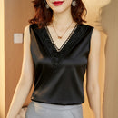 2022 Summer Fashion Silk Womens Blouses Satin Tops Woman Shirts Embroidery Sleeveless Ladies Top V-neck Lace OL Women Clothing