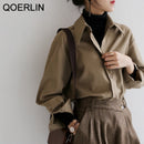 QOERLIN咖啡色女式衬衫春季秋季休闲纯色长袖衬衫女韩版宽松衬衫OL风格工作服 S-XL