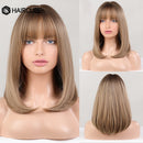 Medium Length Ombre Brown to Blonde Straight Hair Wigs with Bangs Synthetic Wigs for Women Cosplay Heat Resistant Natural Wigs