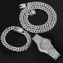 Necklace +Watch+Bracelet Hip Hop Miami Curb Cuban Chain Gold Color Iced Out Paved Rhinestones CZ Bling Rapper For Men Jewelry