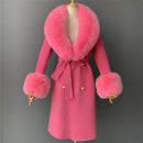 2020 Wool Coat Women Pied De Poule Natural Fox Fur Collar Cashmere Wool Blends Long Outerwear Ladies Streetwear