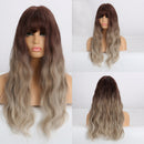 GEMMA Synthetic Long Wavy Dark Brown Golden Highlight Wig for Black Women African American Cosplay Wig with Bangs Heat Resistant