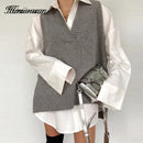 Hirsionsan V Neck Knitted Sweater Vest Women 2021 New Korean Cashmere Loose Vest Pullovers Female Solid Sleeveless Knitwear