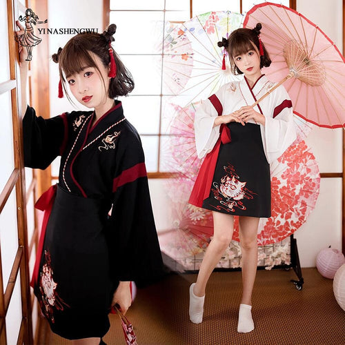 日本和服 黑白猫刺绣半身裙 复古亚洲服装 浴衣 羽织 角色扮演派对 2件套