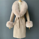 2020 Wool Coat Women Pied De Poule Natural Fox Fur Collar Cashmere Wool Blends Long Outerwear Ladies Streetwear