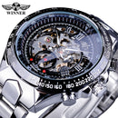 Forsining Waterproof Golden Black Skeleton Clock Two Button Decoration Mechanical Wrist Watches for Men Black Genuine Leather