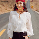 GypsyLady 真丝白色刺绣衬衫两件套 蕾丝透视衬衫 女士长灯笼袖性感时尚假日上衣