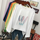 Spring and autumn Fashion street Casual Women Long sleeve T-shirt loose 100% cotton Soft Pullovers Harajuku Feather print Tops