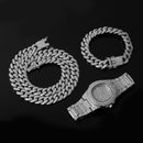 Necklace +Watch+Bracelet Hip Hop Miami Curb Cuban Chain Gold Color Iced Out Paved Rhinestones CZ Bling Rapper For Men Jewelry