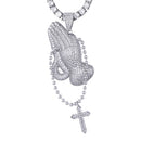 Hip Hop Bling Cubic Zirconia Iced Out Praying Hands Cross Necklaces &amp; Pendants For Men Jewelry With Tennis Chain
