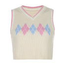 Sweetown Argyle Plaid Knitted Tank Top Female Streetwear Preppy Style New Clothes Stripe VNeck Cropped Knitwear 90s Sweater Vest