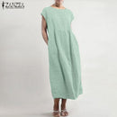 ZANZEA 2023 Summer Midi Dress Womens Sundress Vintage Short Sleeve Shirt Vestido Elegant Female O Neck Pleated Robe