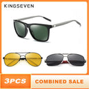3副组合销售 KINGSEVEN 男士偏光太阳镜 夜视镜 Oculos de sol 男士时尚方形驾驶眼镜
