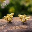 Lotus Fun 纯银 925 小蜜蜂耳环 天然设计师精品珠宝 可爱 18K 金蜜蜂耳钉 女士款