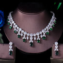 ThreeGraces Luxury Green CZ Stone Earrings Necklace Set Brilliant Big Long Drop Wedding Bridal Dress Jewelry Set for Women JS256