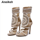 Aneikeh 女士时尚露趾水钻设计高跟凉鞋水晶脚踝缠绕亮片钻石角斗士款 黑色 尺码 35-42
