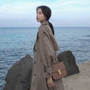 Korean Style Ladies Trench Coat Plaid Long Double Breasted Belted Oversize Loose Women Duster Coat Outerwear with Storm Flaps