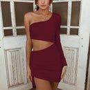ZHYMIHRET  Fashion Fall One Shoulder Dress Women 2022 Sexy Ruched Waist Hollow Out Dresses Long Sleeve Vestido De Festa Longo
