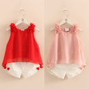 2023 Casual Cute 2 3-4 6 8 10 Years Solid Color Bow Flower Sleeveless T-shirt+Shorts 2 Pcs Baby Kids Girls Summer Clothing Set