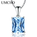 UMCHO Gemstone Nano Blue Topaz Pendants Necklaces for Women Brand Fine Jewelry Genuine 925 Sterling Silver Square Party Jewelry