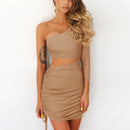 ZHYMIHRET  Fashion Fall One Shoulder Dress Women 2022 Sexy Ruched Waist Hollow Out Dresses Long Sleeve Vestido De Festa Longo
