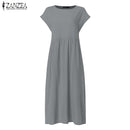 ZANZEA 2023 Summer Midi Dress Womens Sundress Vintage Short Sleeve Shirt Vestido Elegant Female O Neck Pleated Robe